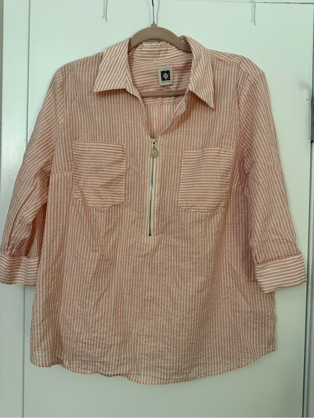 Anne Klein Pink and White Striped Zip-Front Blouse